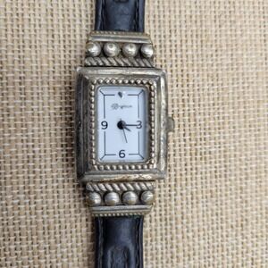 Brighton Taxco Womens Silver Square Dial Black Leather Bracelet Wristwatch